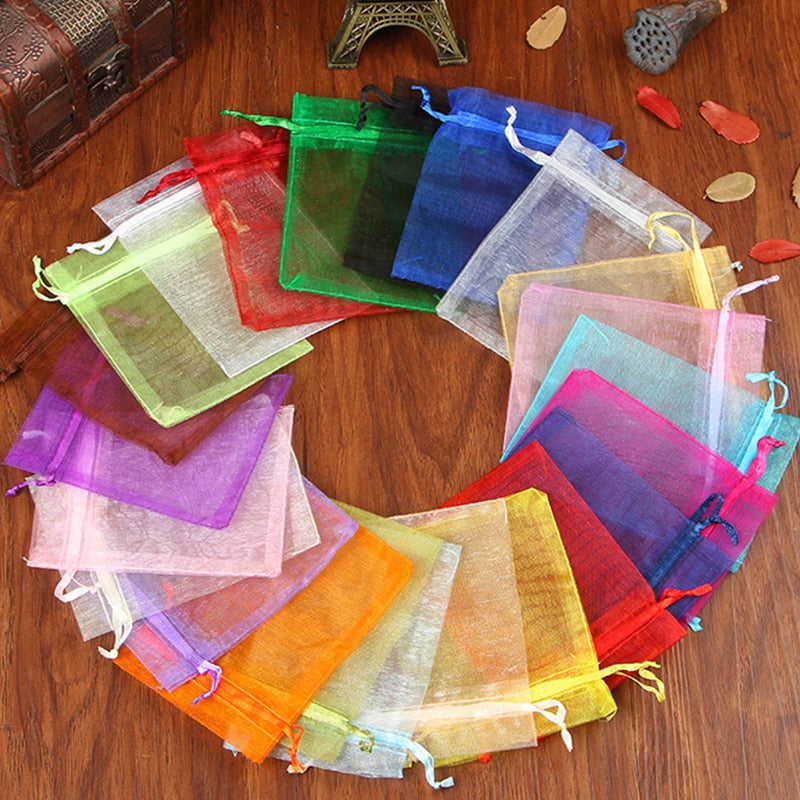 100pcs Drawstring Jewelry Bag Pouch Organza Jewelry Packaging Bags Wedding Party Decoration Drawable Storage Bags Gift Pouches
