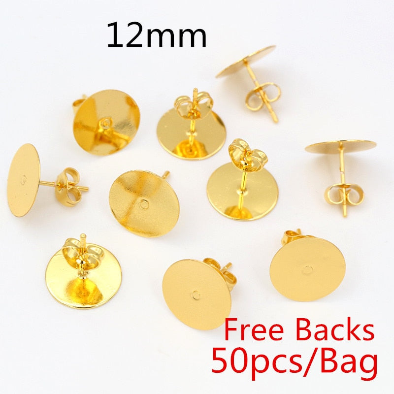 50 or 100pcs/lot Gold Stainless Steel Earring Studs Blank Post Base Pins With Earring Plug Findings Ear Back For DIY Jewelry Making