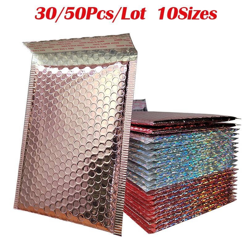 30/50Pcs Metallic Rose Gold Bubble Mailers Foil Padded Bags Postal Bags Gift Packaging Shipping Envelopes Waterproof Mailing Bag